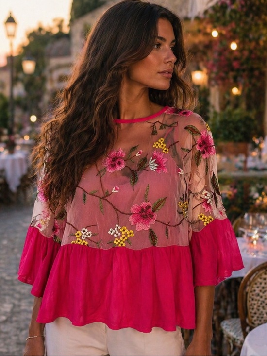 Cha Cha Vente Tops - Cha Cha Vente Peplum Top Mesh Romantic Floral Embroidered Quiet Luxury Parisian